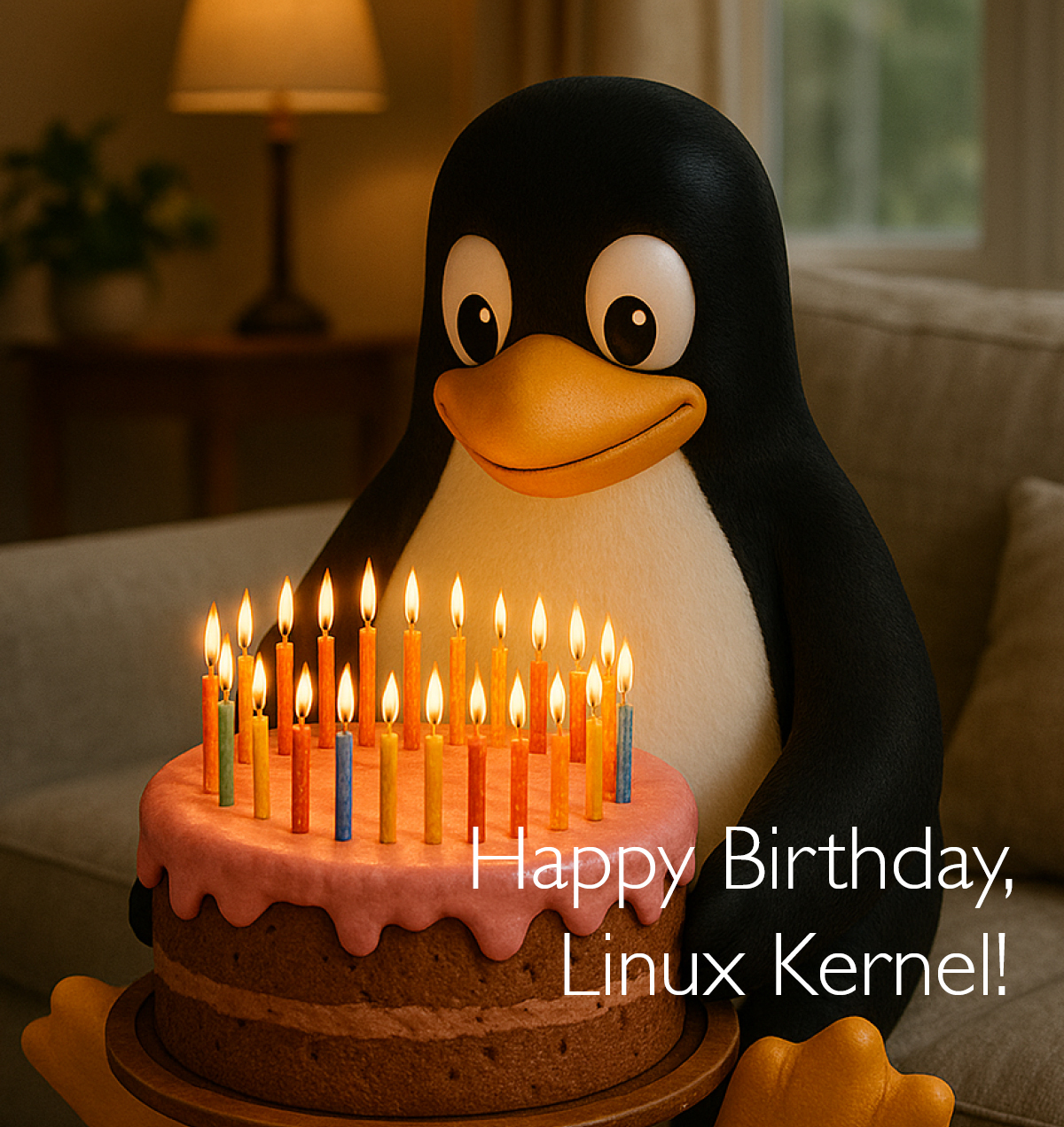 Comemoração dos 34 anos do kernel Linux em 25 de agosto de 2025.